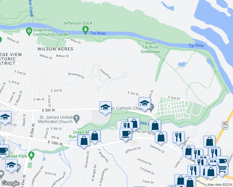 map of restaurants, bars, coffee shops, grocery stores, and more near 305 Laurel Street in Greenville
