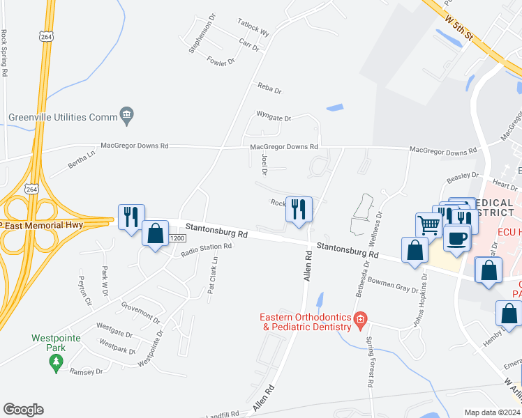 map of restaurants, bars, coffee shops, grocery stores, and more near 2931 Rock Port Drive in Greenville