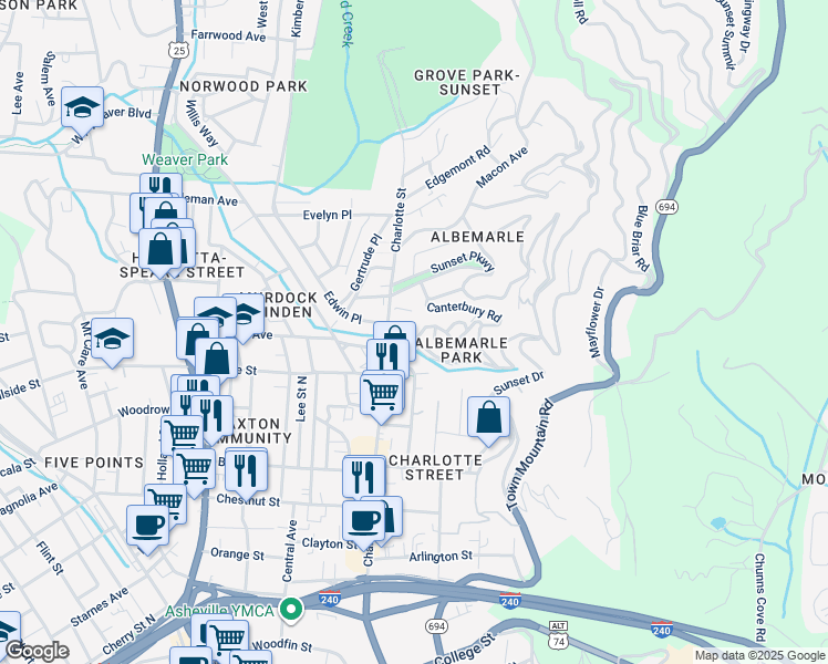 map of restaurants, bars, coffee shops, grocery stores, and more near 7 Cherokee Road in Asheville
