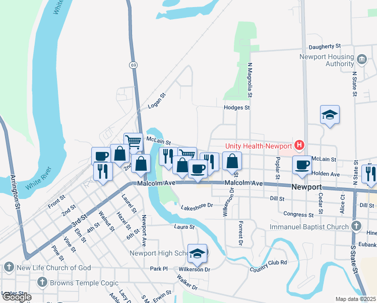 map of restaurants, bars, coffee shops, grocery stores, and more near Shelby Street in Newport