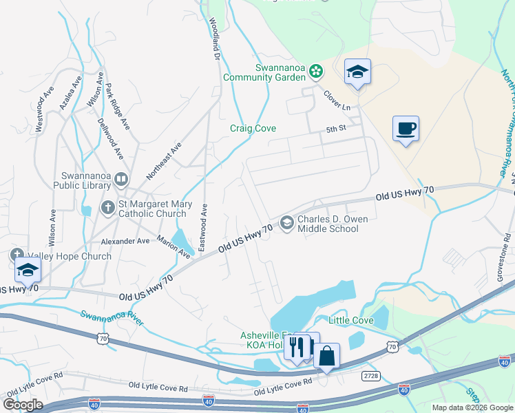 map of restaurants, bars, coffee shops, grocery stores, and more near 110 Scenic View Drive in Swannanoa
