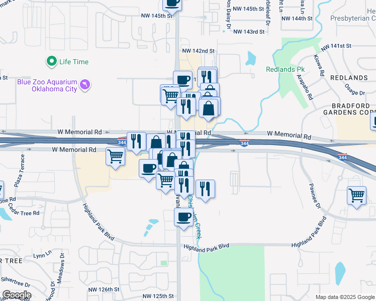 map of restaurants, bars, coffee shops, grocery stores, and more near 2066 West Memorial Road in Oklahoma City