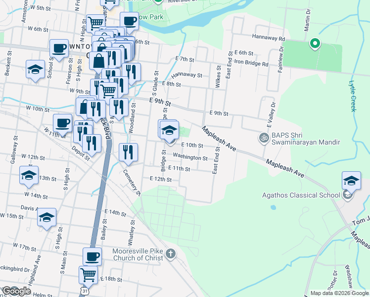 map of restaurants, bars, coffee shops, grocery stores, and more near 1103 Graham St in Columbia