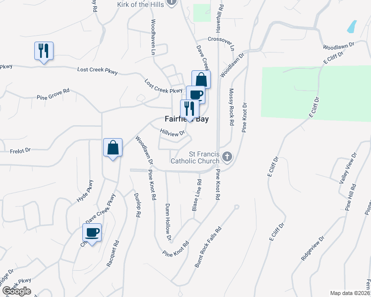 map of restaurants, bars, coffee shops, grocery stores, and more near 135 Hillview Drive in Fairfield Bay