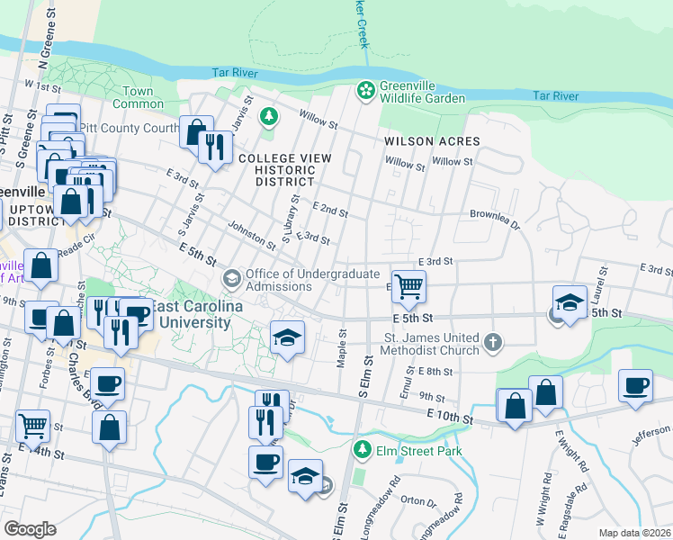 map of restaurants, bars, coffee shops, grocery stores, and more near 302 Maple Street in Greenville