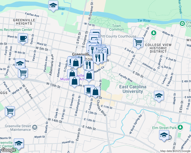 map of restaurants, bars, coffee shops, grocery stores, and more near 630 Cotanche Street in Greenville