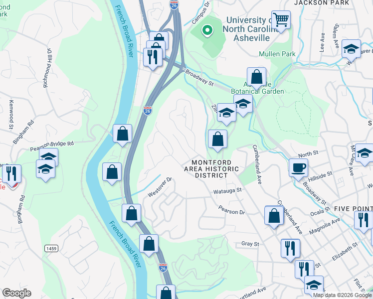 map of restaurants, bars, coffee shops, grocery stores, and more near 9 Melbourne Place in Asheville