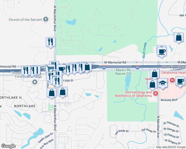 map of restaurants, bars, coffee shops, grocery stores, and more near 5302 West Memorial Road in Oklahoma City