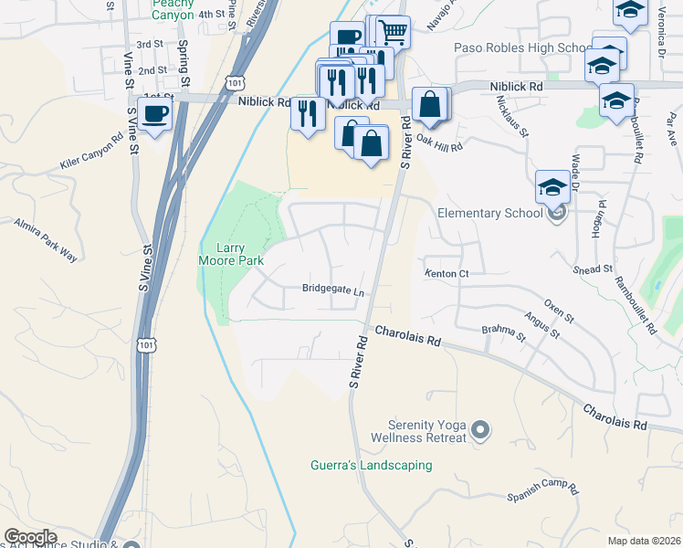 map of restaurants, bars, coffee shops, grocery stores, and more near 192 Sandbar Court in Paso Robles