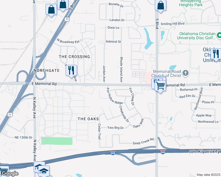 map of restaurants, bars, coffee shops, grocery stores, and more near 1603 Grey Fox Run in Oklahoma City