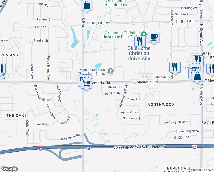 map of restaurants, bars, coffee shops, grocery stores, and more near 2203 Butternut Place in Edmond