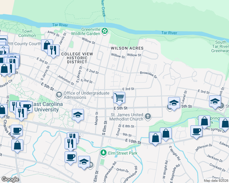 map of restaurants, bars, coffee shops, grocery stores, and more near 1804 East 3rd Street in Greenville