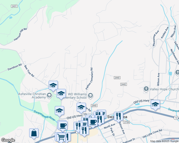 map of restaurants, bars, coffee shops, grocery stores, and more near 99999 Patton Cemetery Road in Swannanoa