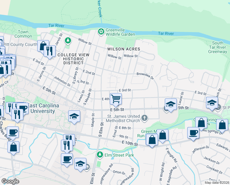 map of restaurants, bars, coffee shops, grocery stores, and more near 1804 East 3rd Street in Greenville
