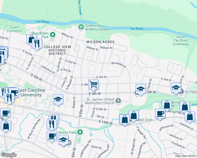 map of restaurants, bars, coffee shops, grocery stores, and more near 1908 East 3rd Street in Greenville