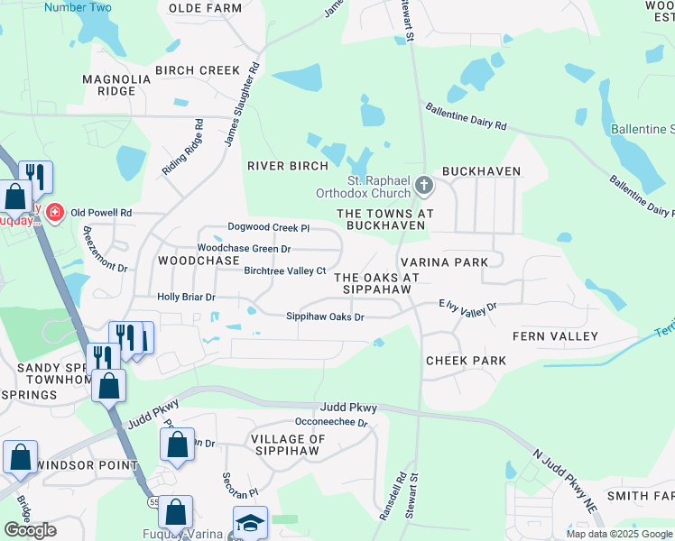 map of restaurants, bars, coffee shops, grocery stores, and more near 546 Birchtree Valley Court in Fuquay Varina