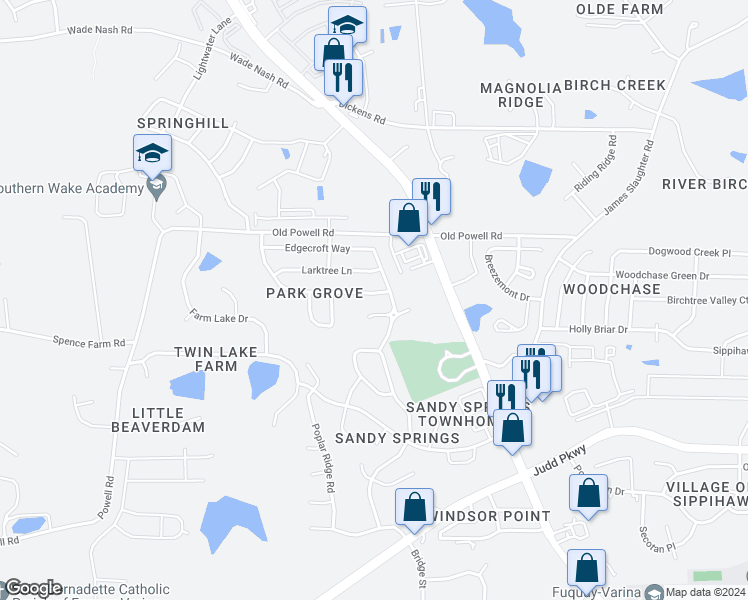 map of restaurants, bars, coffee shops, grocery stores, and more near 213 Ashdale Drive in Fuquay Varina