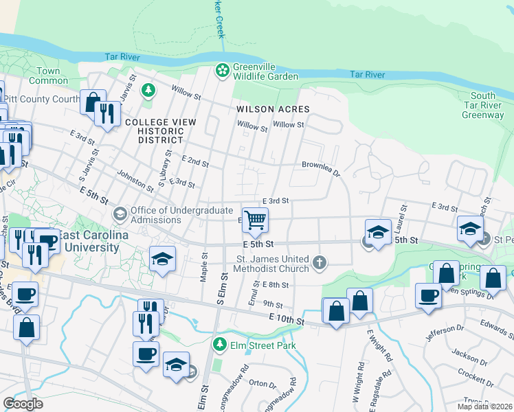 map of restaurants, bars, coffee shops, grocery stores, and more near 1804 East 3rd Street in Greenville