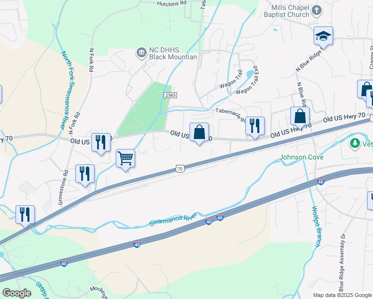 map of restaurants, bars, coffee shops, grocery stores, and more near 1009 Old US Highway 70 in Black Mountain