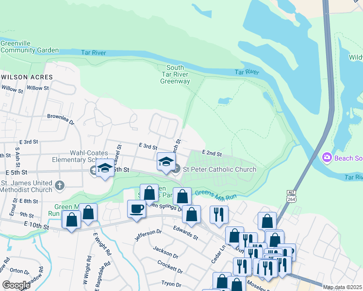 map of restaurants, bars, coffee shops, grocery stores, and more near 255 Beech Street in Greenville