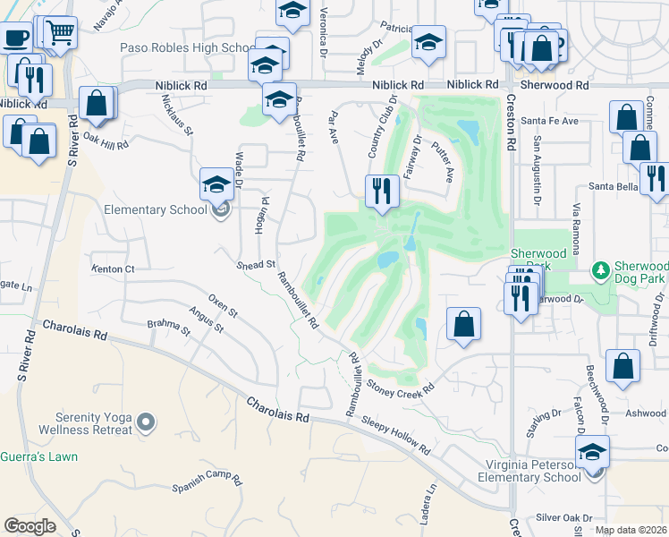 map of restaurants, bars, coffee shops, grocery stores, and more near 925 Torrey Pines Drive in Paso Robles