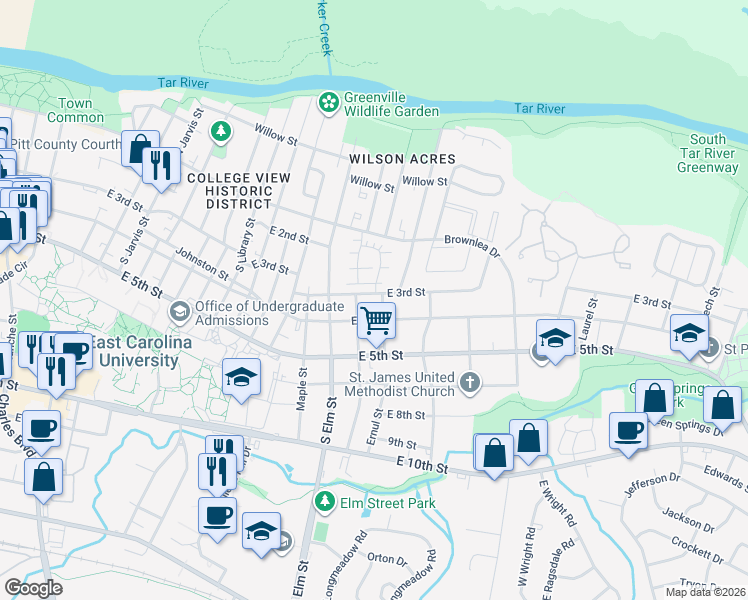map of restaurants, bars, coffee shops, grocery stores, and more near 1804 East 3rd Street in Greenville