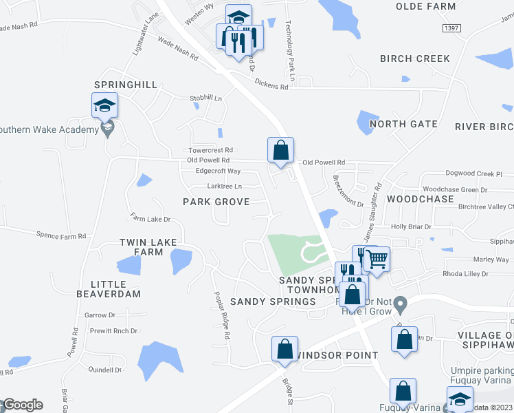 map of restaurants, bars, coffee shops, grocery stores, and more near 213 Ashdale Drive in Fuquay Varina