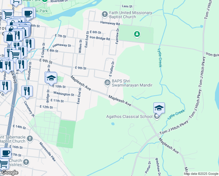 map of restaurants, bars, coffee shops, grocery stores, and more near 1025 East Valley Drive in Columbia