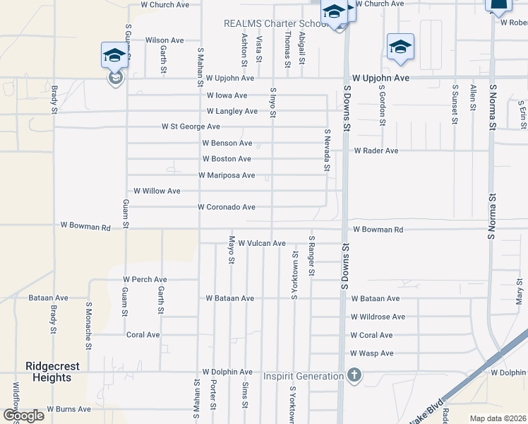 map of restaurants, bars, coffee shops, grocery stores, and more near 1109 West Coronado Avenue in Ridgecrest