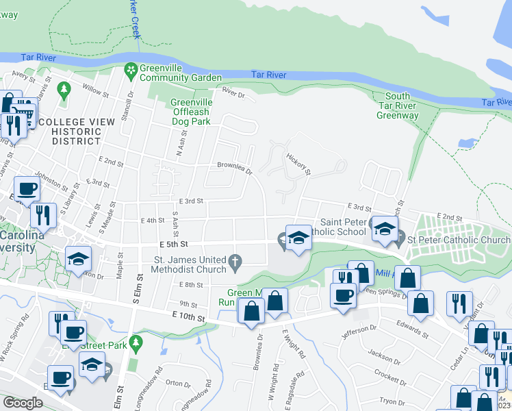 map of restaurants, bars, coffee shops, grocery stores, and more near 334 Brownlea Drive in Greenville
