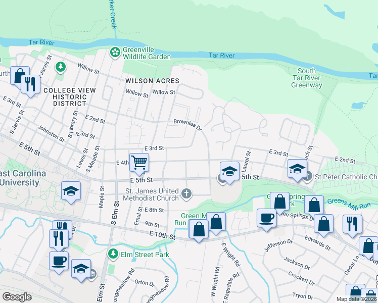 map of restaurants, bars, coffee shops, grocery stores, and more near 2105 East 4th Street in Greenville