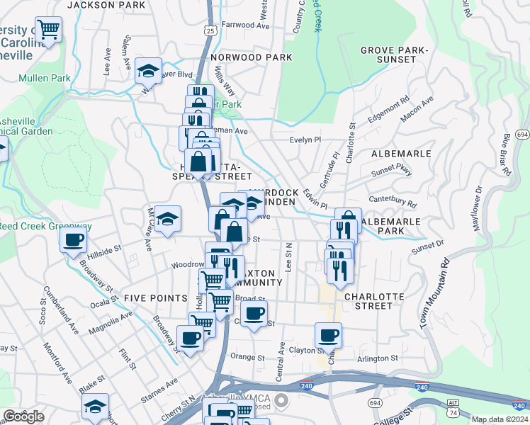 map of restaurants, bars, coffee shops, grocery stores, and more near 76 Annandale Avenue in Asheville
