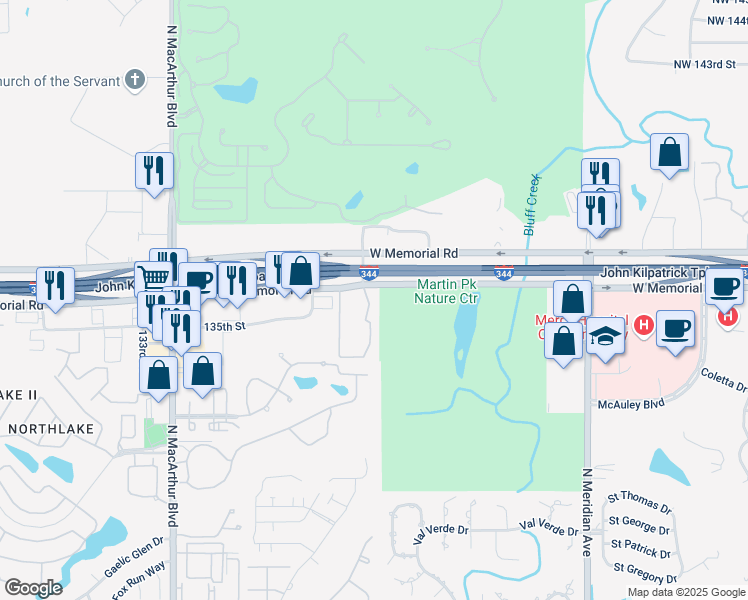 map of restaurants, bars, coffee shops, grocery stores, and more near 5300 West Memorial Road in Oklahoma City