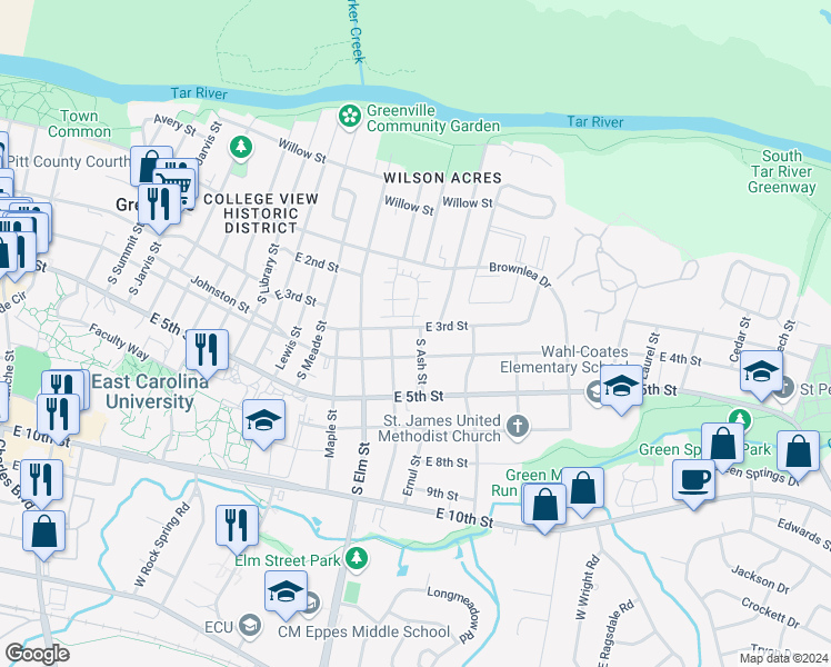 map of restaurants, bars, coffee shops, grocery stores, and more near 1806 East 3rd Street in Greenville