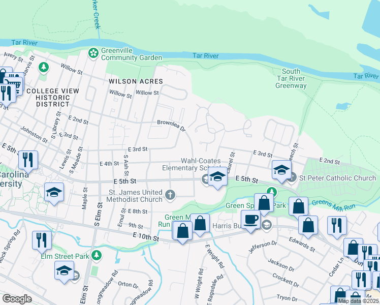 map of restaurants, bars, coffee shops, grocery stores, and more near 334 Brownlea Drive in Greenville
