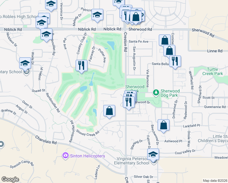 map of restaurants, bars, coffee shops, grocery stores, and more near 10 Flag Way in Paso Robles