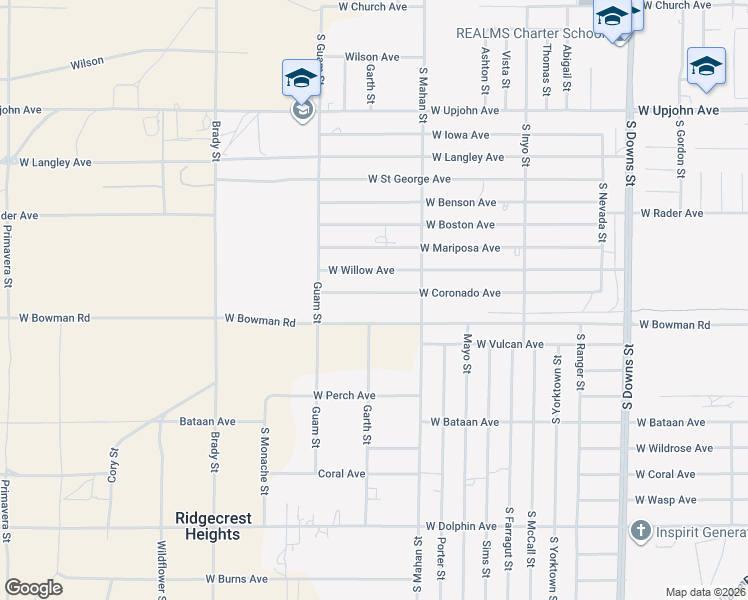 map of restaurants, bars, coffee shops, grocery stores, and more near West Coronado Avenue in Ridgecrest