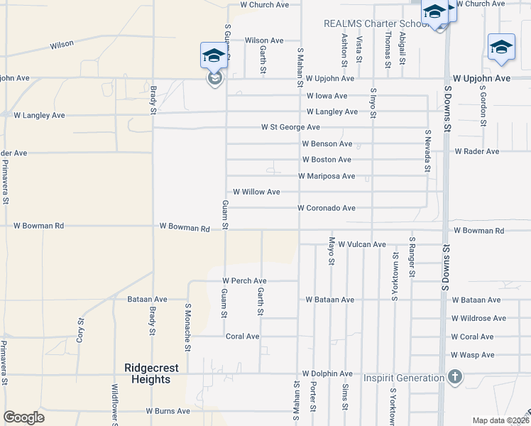 map of restaurants, bars, coffee shops, grocery stores, and more near 1340 West Coronado Avenue in Ridgecrest