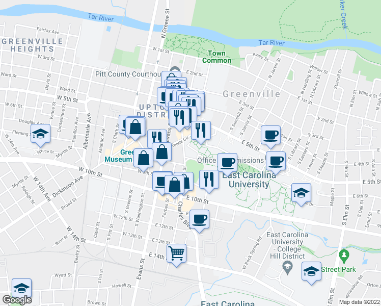 map of restaurants, bars, coffee shops, grocery stores, and more near 635 Cotanche Street in Greenville