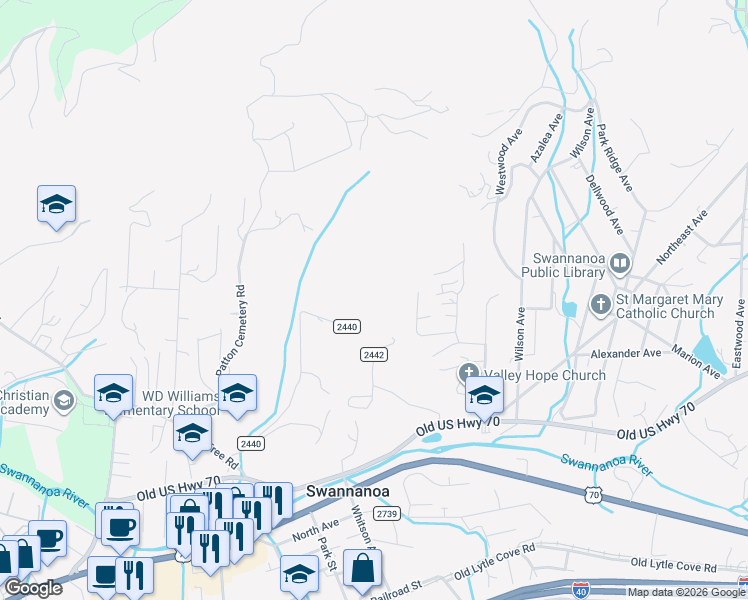 map of restaurants, bars, coffee shops, grocery stores, and more near 343 Patton Hill Road in Swannanoa