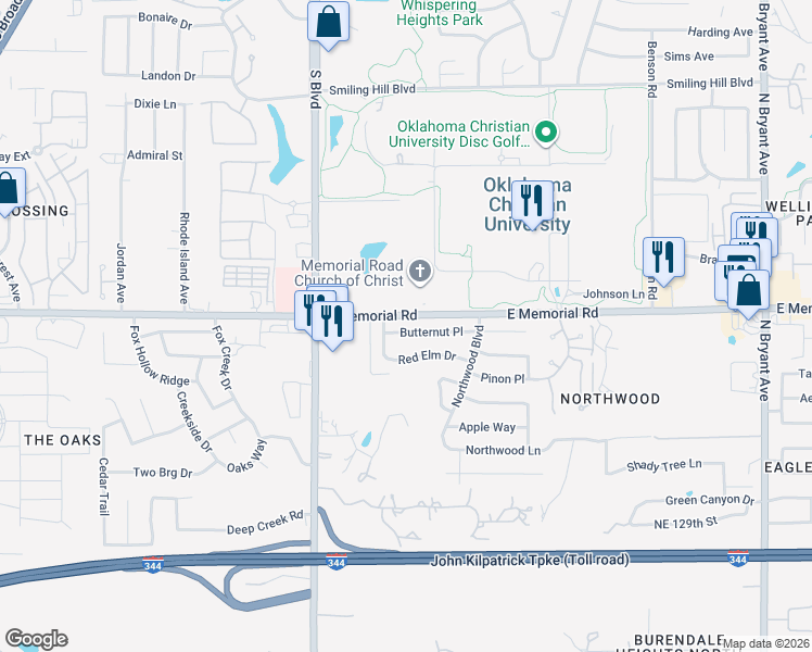 map of restaurants, bars, coffee shops, grocery stores, and more near 2203 Butternut Place in Edmond