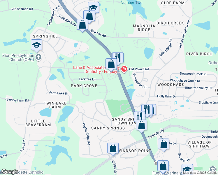 map of restaurants, bars, coffee shops, grocery stores, and more near 1804 Devonridge Drive in Fuquay-Varina