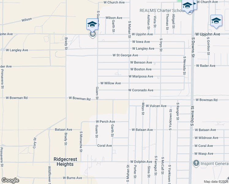 map of restaurants, bars, coffee shops, grocery stores, and more near West Coronado Avenue in Ridgecrest