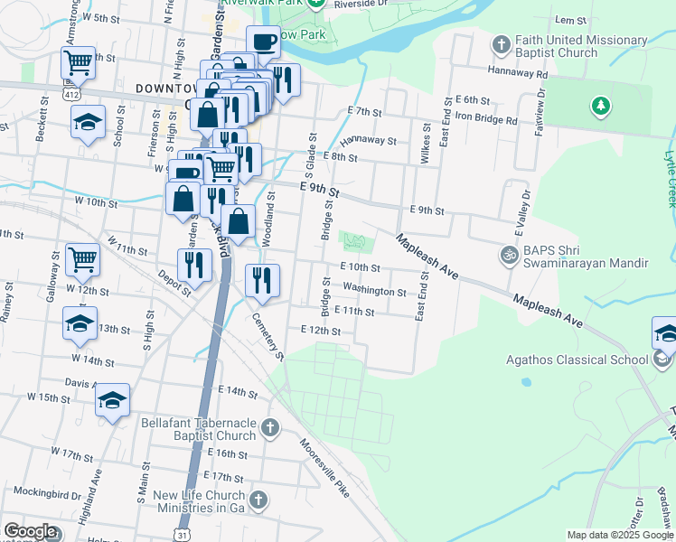 map of restaurants, bars, coffee shops, grocery stores, and more near 1101 Bridge Street in Columbia