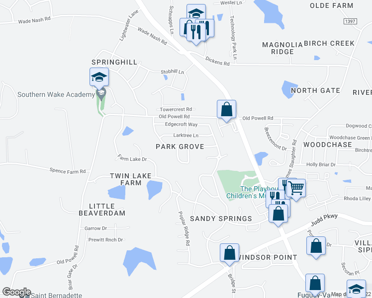 map of restaurants, bars, coffee shops, grocery stores, and more near 301 Ashdale Drive in Fuquay Varina