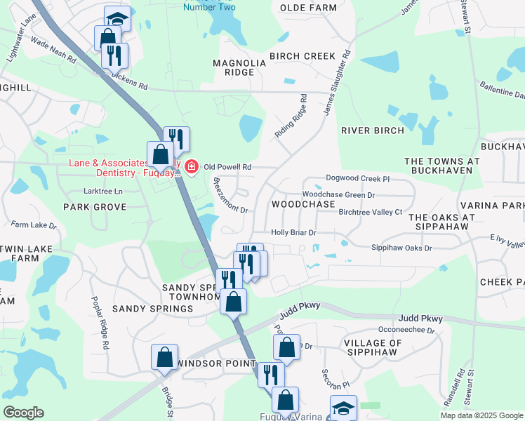map of restaurants, bars, coffee shops, grocery stores, and more near 1921 Hickory Bark Drive in Fuquay Varina