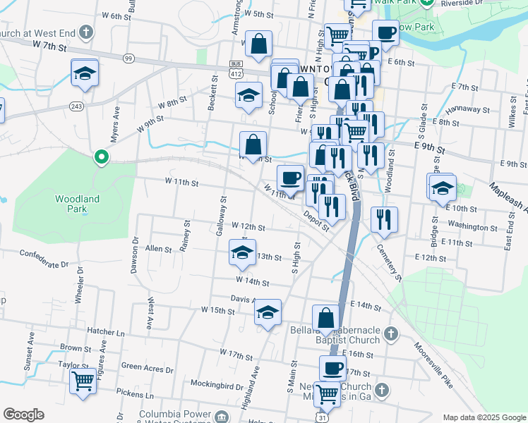 map of restaurants, bars, coffee shops, grocery stores, and more near 1204 Parker Street in Columbia