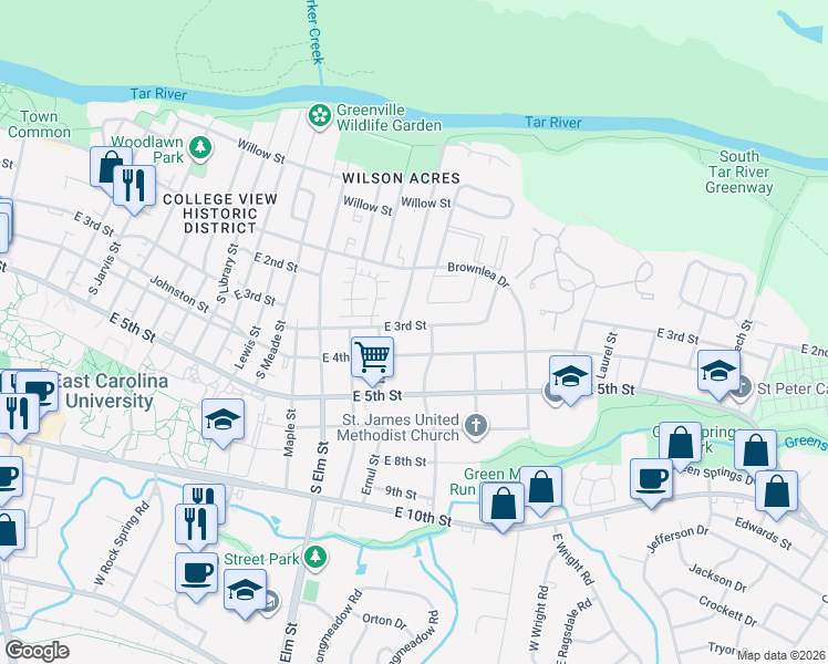 map of restaurants, bars, coffee shops, grocery stores, and more near 1930 East 3rd Street in Greenville