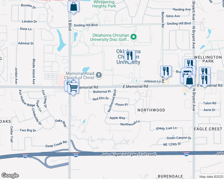 map of restaurants, bars, coffee shops, grocery stores, and more near 2309 Butternut Place in Edmond
