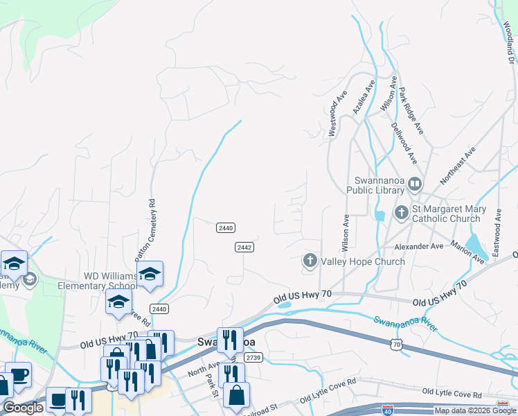 map of restaurants, bars, coffee shops, grocery stores, and more near 343 Patton Hill Road in Swannanoa